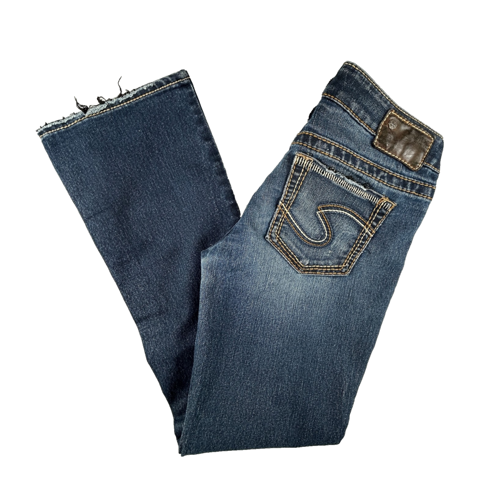 Silver Jeans Aiko Bootcut Jeans Womens 28 Blue Stretch Distressed Denim Raw Hem